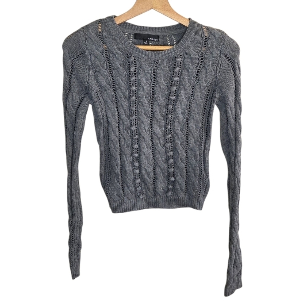 Kaisley Dark Gray Cropped Bobble Cable Knit Sweater Size Small Y2K Style